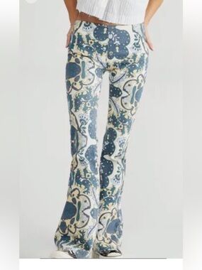 We The Free Blue & Cream Floral Print Flare Jeans